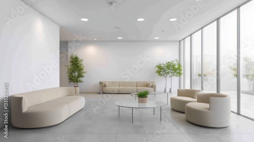 A modern hotel lobby with crisp white walls, light grey tile flooring, and wide windows that invite natural sunlight