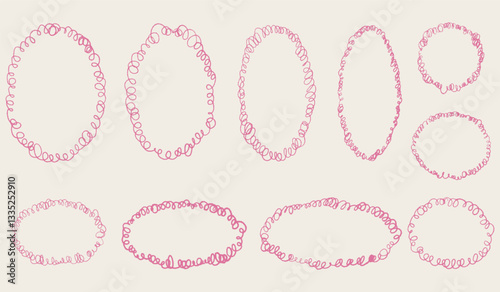 Hand drawn scalloped frame set. Chalk scribble wavy pencil texture doodle curly borders collection. Different sizes: wedding invitation, greeting card, postcard design. Vintage vector illustration