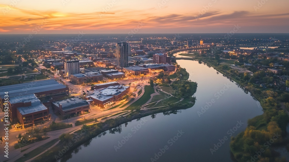 Fototapeta premium Aerial view of a city along a peaceful river at dusk