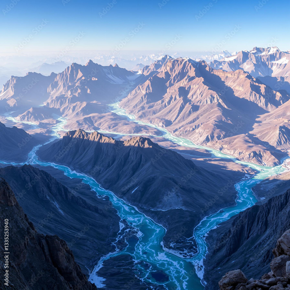 Fototapeta premium Serene Aerial View of Winding River Through Majestic Mountain Ranges Under Clear Blue Sky
