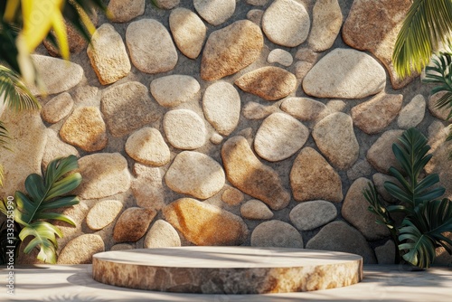 Stone pedestal in tropical setting.  Sunlight filters through lush greenery, casting shadows on a rough stone wall