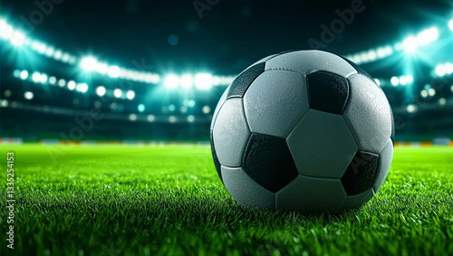 Soccer Ball  on Green, Grass Football Pitch / field in a  stadium at Night.  Bright Lights Shine from Blurred Background Stands. Sports Background with Copy space