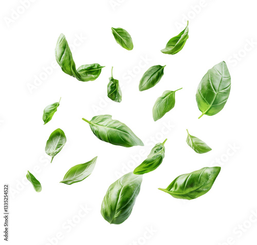 Fresh basil leaves in air isolated on white background.