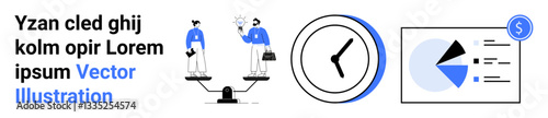 People balancing on scales, analog clock, and pie chart emphasize time management, teamwork, and financial analysis. Ideal for productivity, equality, finance, organization planning workflow