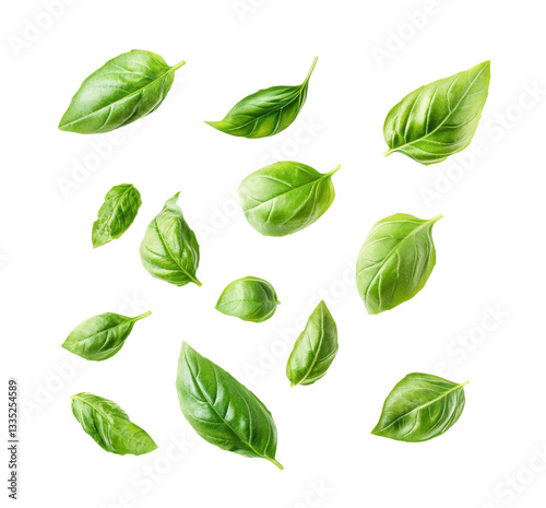 Fresh basil leaves in air isolated on white background.