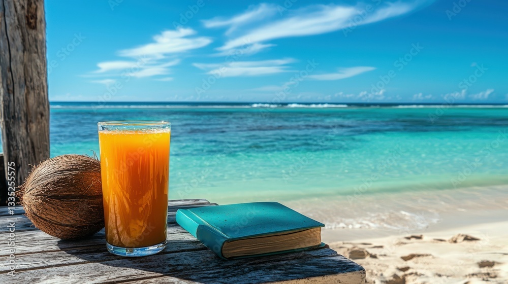 Enjoying tropical juice on a sunny beach with book and coconut by the shoreline Enjoying tropical juice on a sunny beach with book and coconut by the shoreline