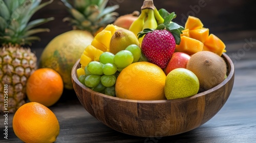 Vibrant tropical fruit bowl with pineapple, mango, and more on rustic wood table