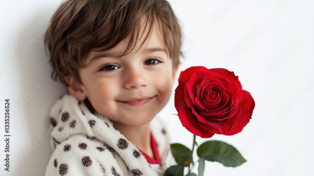 Joyful little boy holds a vibrant red rose against a white backdrop Joyful little boy holds a vibrant red rose against a white backdrop