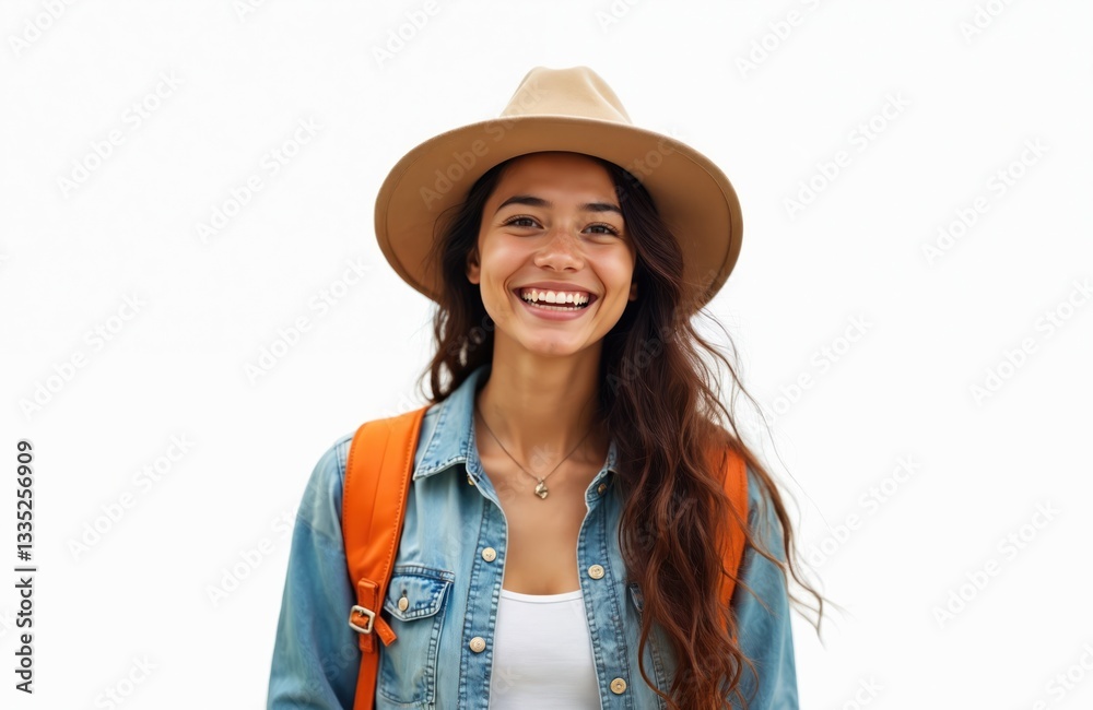 Smiling woman in hat ready for adventure. Traveler with backpack isolated against transparent background. Happy girl, young explorer with cheerful expression ready for hiking, travel, vacation. Smiling woman in hat ready for adventure. Traveler with backpack isolated against transparent background. Happy girl, young explorer with cheerful expression ready for hiking, travel, vacation.