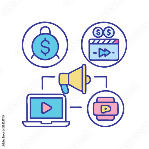 Pay Per Click Advertising and Video Marketing Icons Vector on Transparent Background photo