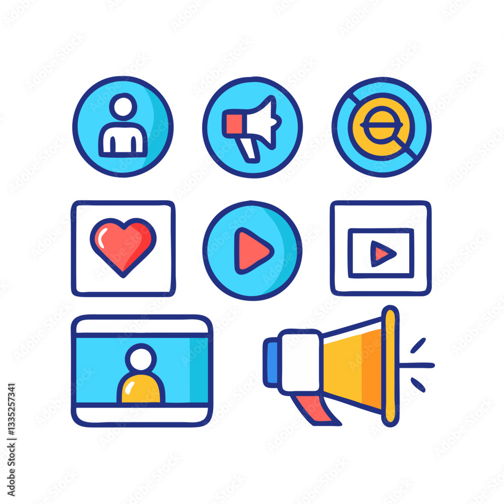 Social Media and Marketing Icon Set Vector – Megaphone, Play Button, Heart, Profile, and Video Symbols in Flat Style for Digital Promotion and Online Engagement Social Media and Marketing Icon Set Vector – Megaphone, Play Button, Heart, Profile, and Video Symbols in Flat Style for Digital Promotion and Online Engagement