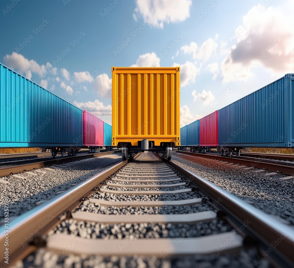 Fototapeta premium A vibrant yellow cargo container leads a train of colorful containers down a railway track under a bright, sunny sky.