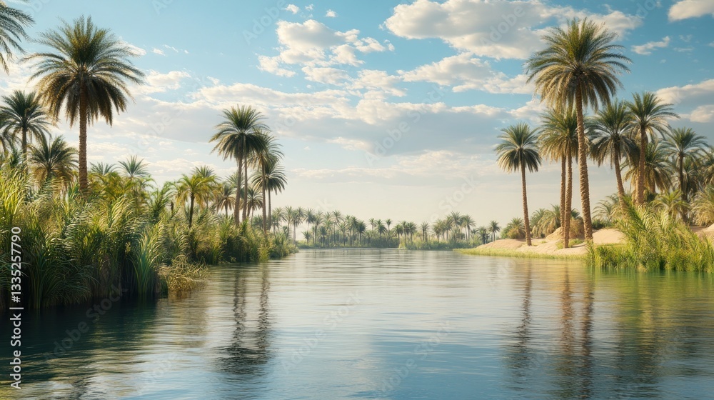 Tranquil oasis: serene river winding through lush palm tree haven on sunny day Tranquil oasis: serene river winding through lush palm tree haven on sunny day