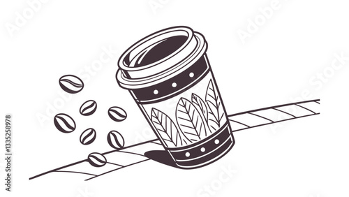 Spilled Coffee Beans Takeaway Cup, Leaf Design, Rolling, Scattered