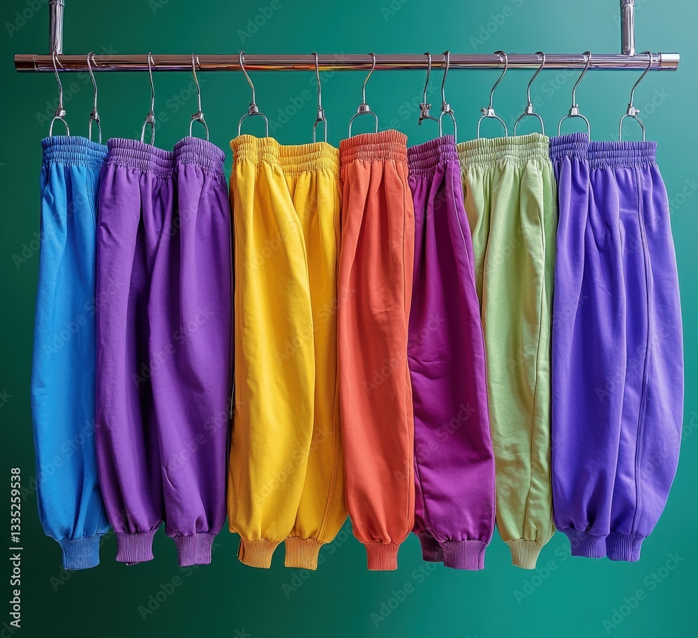 Colorful sweatpants hanging on a rack against a green background. A vibrant collection of comfortable clothing. Colorful sweatpants hanging on a rack against a green background. A vibrant collection of comfortable clothing.