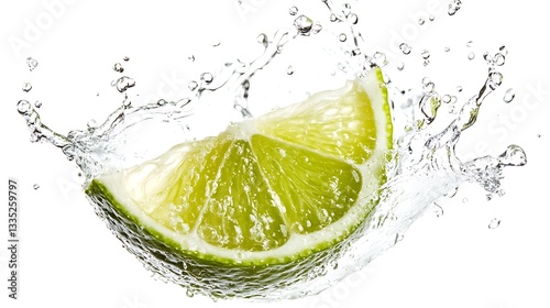 A slice of lime splashes in water, showcasing freshness and vitality.