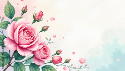 Delicate watercolor roses & leaves, soft pastel hues, nature, blossom