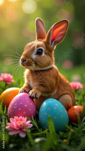 Cute fluffy bunny with big ears gazing curiously amidst bright pastel eggs and cheerful flowers in lush green grass, capturing essence of Easter celebration. Ideal for seasonal card designs.