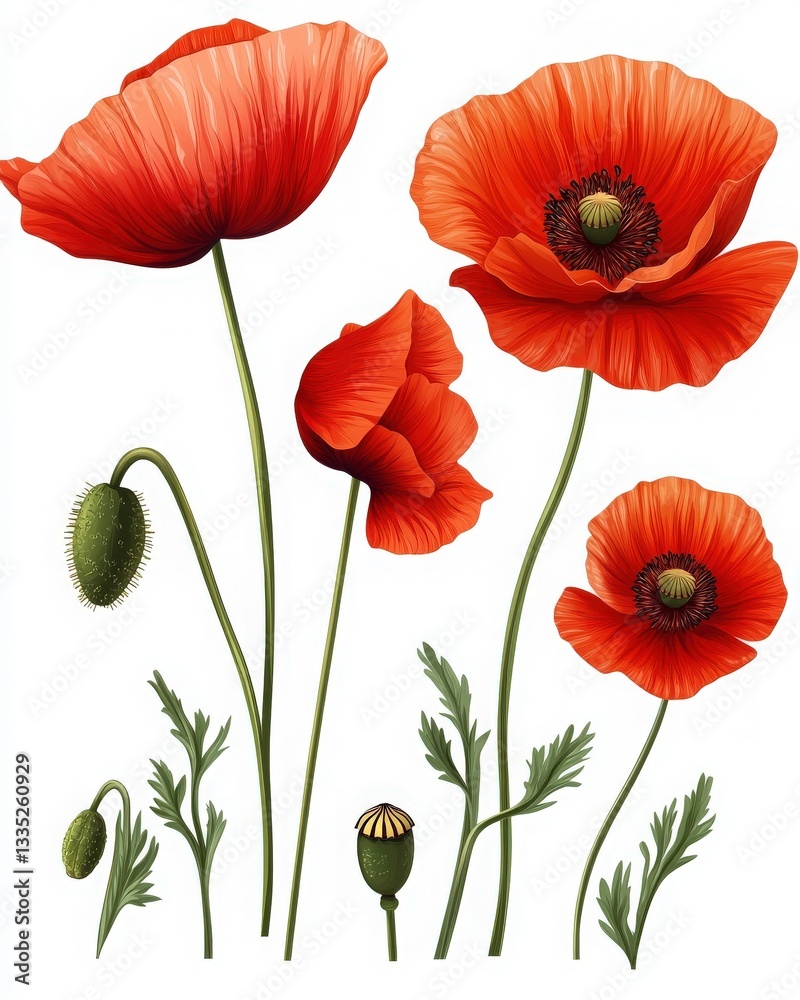 Fototapeta premium Vibrant red poppies in full bloom against a white background. A botanical illustration showcasing the beauty of these delicate flowers.