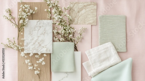 A moodboard with a combination of ivory marble swatches, pale oak wood, soft mint green fabric samples, and sprigs of tiny white blossoms arranged in an organized yet casual manner