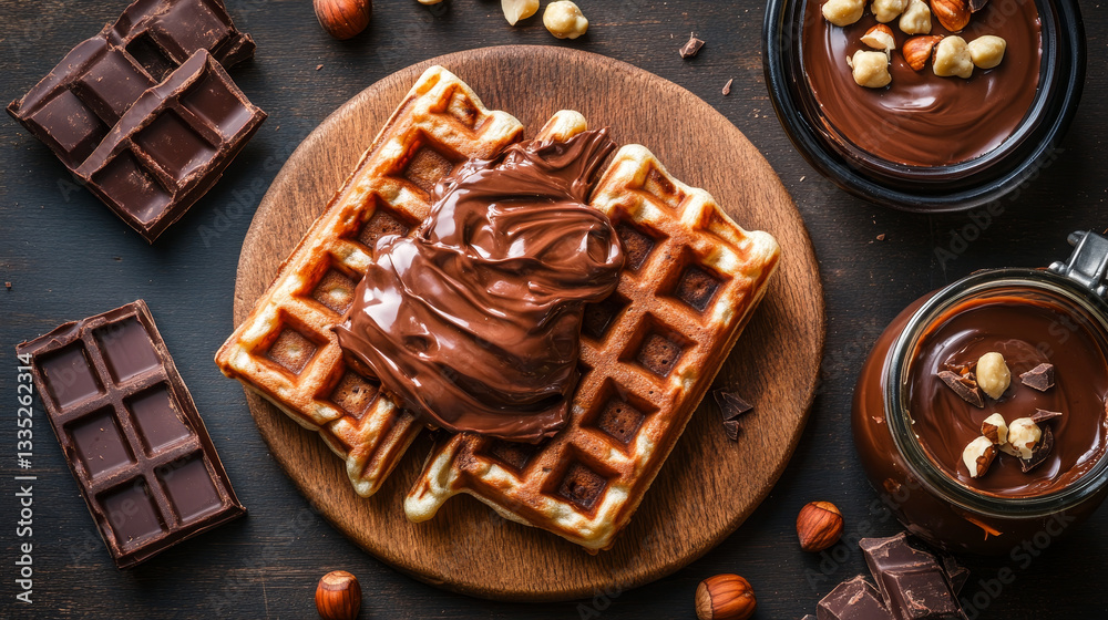 Fototapeta premium A tempting image of warm waffles generously drizzled with smooth chocolate spread, topped with crunchy hazelnuts.