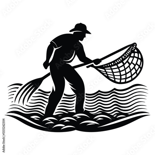 Fisherman casting a net silhouette, A fisherman holding a fishing net silhouette vector design art and illustration