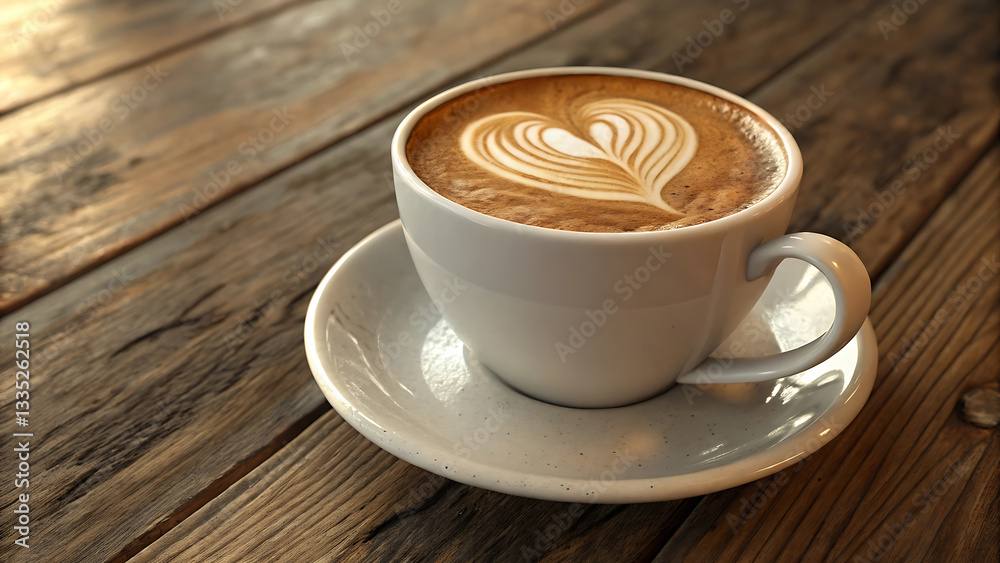 Steaming Cup of Cappuccino with Latte Art: Cozy Café, Rustic Table, and Morning Coffee Break Steaming Cup of Cappuccino with Latte Art: Cozy Café, Rustic Table, and Morning Coffee Break