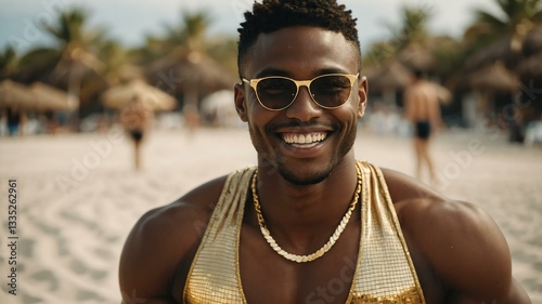 Good-looking young african guy in gold themed swimwear on a beach smiling