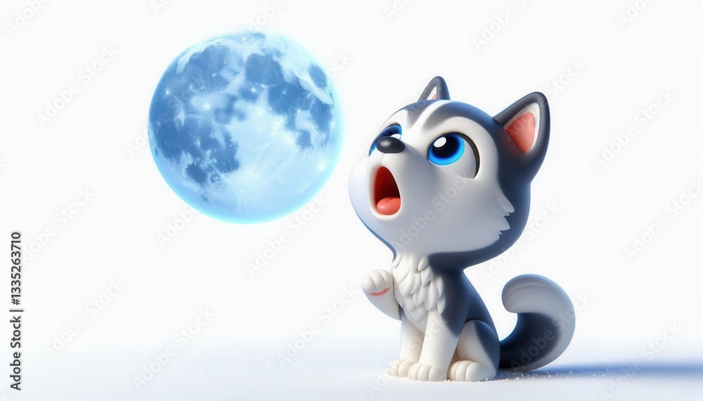 Fototapeta premium Curious puppy howling at full moon cartoon scene nighttime playful atmosphere close-up