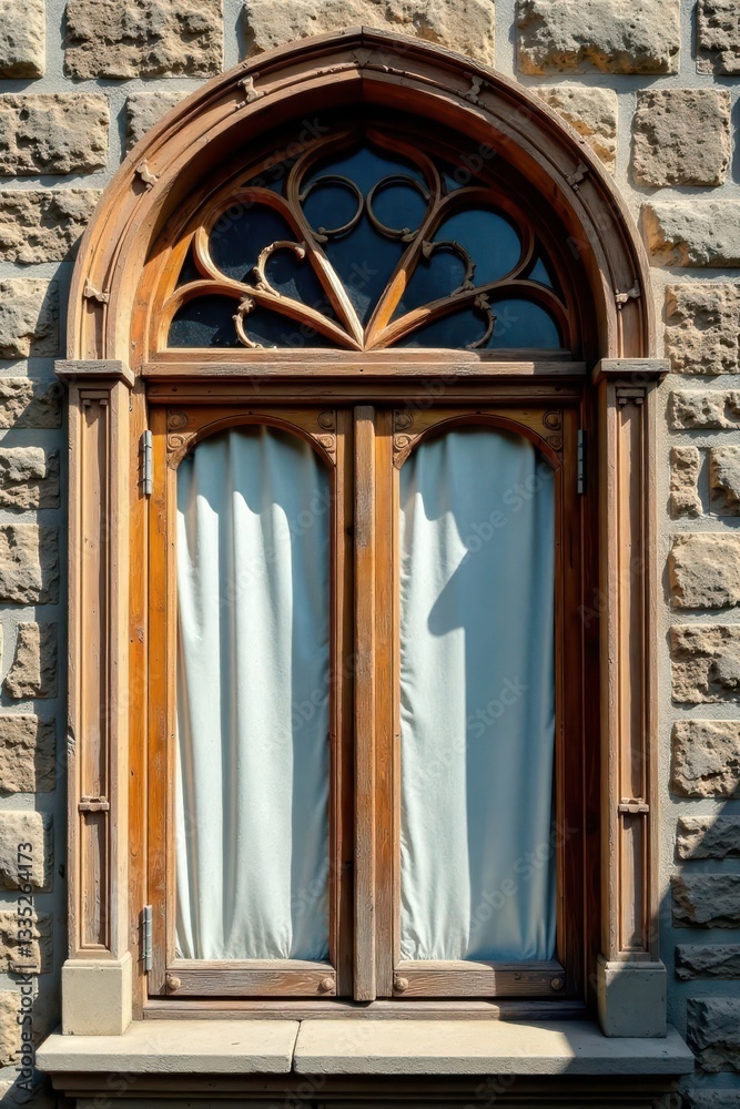 Obraz premium Intricate carved wooden arched window, weathered patina, handmade, element