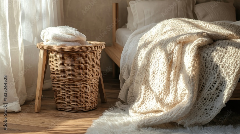 Obraz premium A cozy home setting featuring a wooden laundry basket placed beside a small side table.
