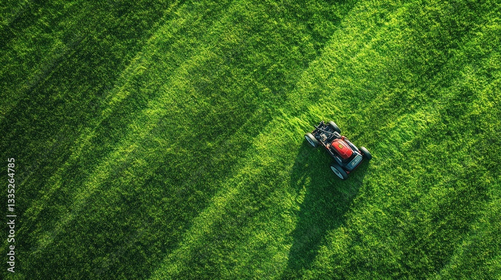 Fototapeta premium Aerial View of a Lawn Mower Cutting Lush Green Grass