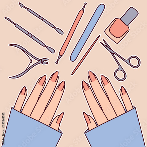 Female hands with a perfect manicure are placed on a table with nail care tools, including scissors, nail polish, and a nail file. The image represents beauty, self-care, and professional manicure 