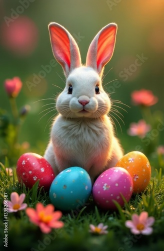 Lovely little bunny surrounded by vibrant Easter eggs and colorful wildflowers in sunlit garden, portraying cheerful spirit of springtime. Perfect illustration for heartwarming holiday cards.