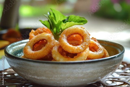 Indonesian dish of sweet and sour squid with pete in a white bowl featuring a tangy spicy refreshing flavor Delicious seafood rings