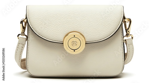 An object is depicted. The object is a rectangular purse. The purse is cream colored. It has an arc shaped top flap