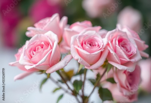 Soft-focus image of light pink roses, blurred background, delicate pastel tones, artistic, blurry
