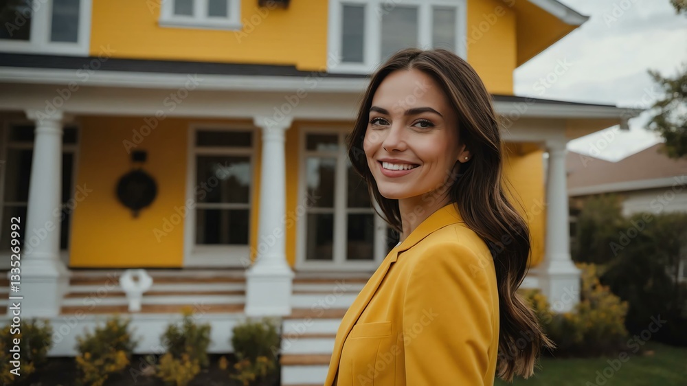 Good-looking american gal front of yellow themed elegant house on a business attire smiling Good-looking american gal front of yellow themed elegant house on a business attire smiling