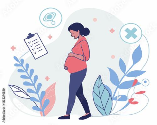 Pregnant Woman Preparing for Birth. Vector illustration of a pregnant woman holding her belly, surrounded by medical symbols and a checklist. Concept of pregnancy preparation, maternity care.