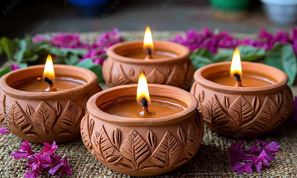 Burning candles in terracotta pots illuminating a rustic setting with pink flowers