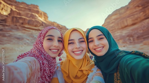 Three Smiling Women in Hijabs Take a Selfie Against a Dramatic Desert Mountain Background