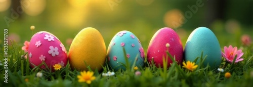 Colorful Easter banner showcasing vibrant eggs in lush green meadow surrounded by cheerful flowers. Perfect for celebrating spring, holiday festivities, this digital design radiates joy, brightness.