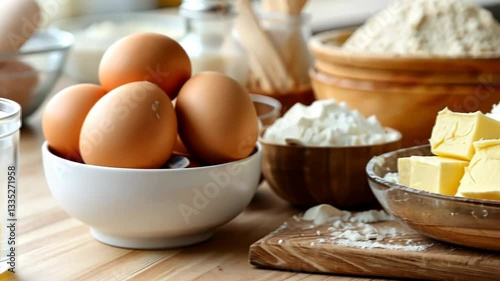 Wooden Kitchen Table Filled with Baking Ingredients Eggs in Bowl, Flour, Butter, and More for Delicious Homemade Recipe in Cozy Kitchen Atmosphere