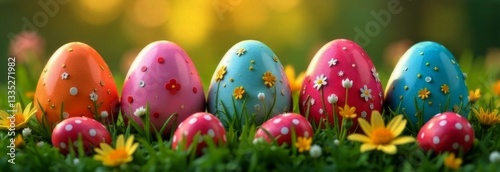 Colorful Easter banner showcasing vibrant eggs in lush green meadow surrounded by cheerful flowers. Perfect for celebrating spring, holiday festivities, this digital design radiates joy, brightness.