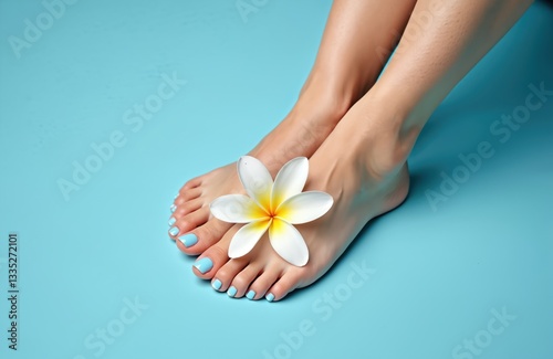 Woman feet with blue nail polish on blue backdrop. Plumeria flower between feet. Pedicure concept for beauty wellness salon. Summer, spring mood. Soft skin, skincare, treatment. Healthy, trendy