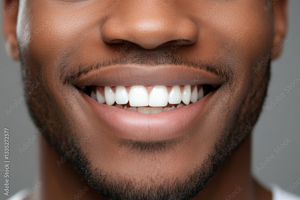 Fototapeta premium Smiling man showcasing perfect white teeth, emphasizing dental health and hygiene
