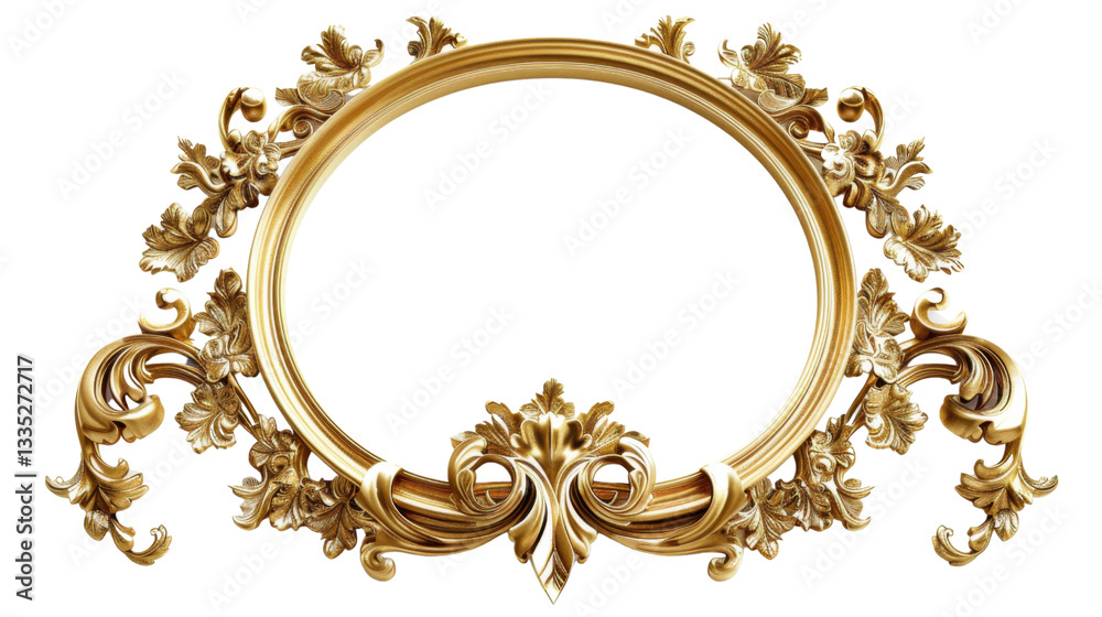 Golden oval baroque frame with transparent background enhancing elegance Golden oval baroque frame with transparent background enhancing elegance