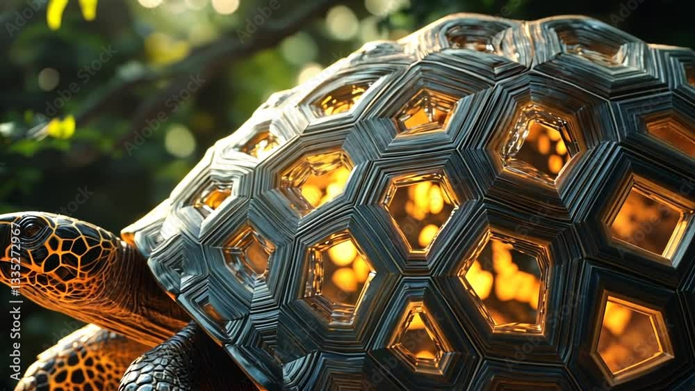 Intricate turtle shell design with hexagon patterns bathed in warm glowing light indoors