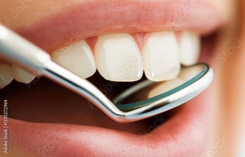 Dentist checking perfect white teeth with dental mirror and scaler
