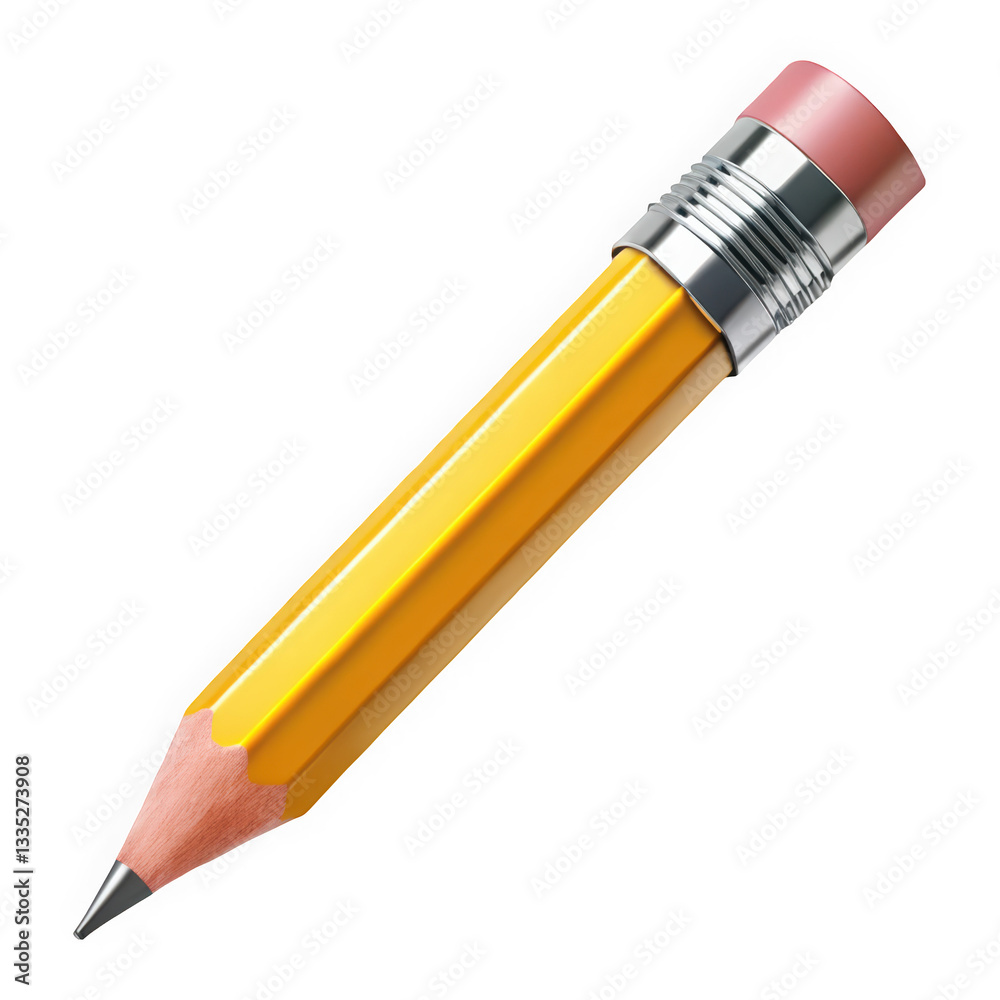 Close-up of a yellow pencil with a pink eraser, showcasing its sharp tip and metallic ferrule, symbolizing creativity and writing. Close-up of a yellow pencil with a pink eraser, showcasing its sharp tip and metallic ferrule, symbolizing creativity and writing.
